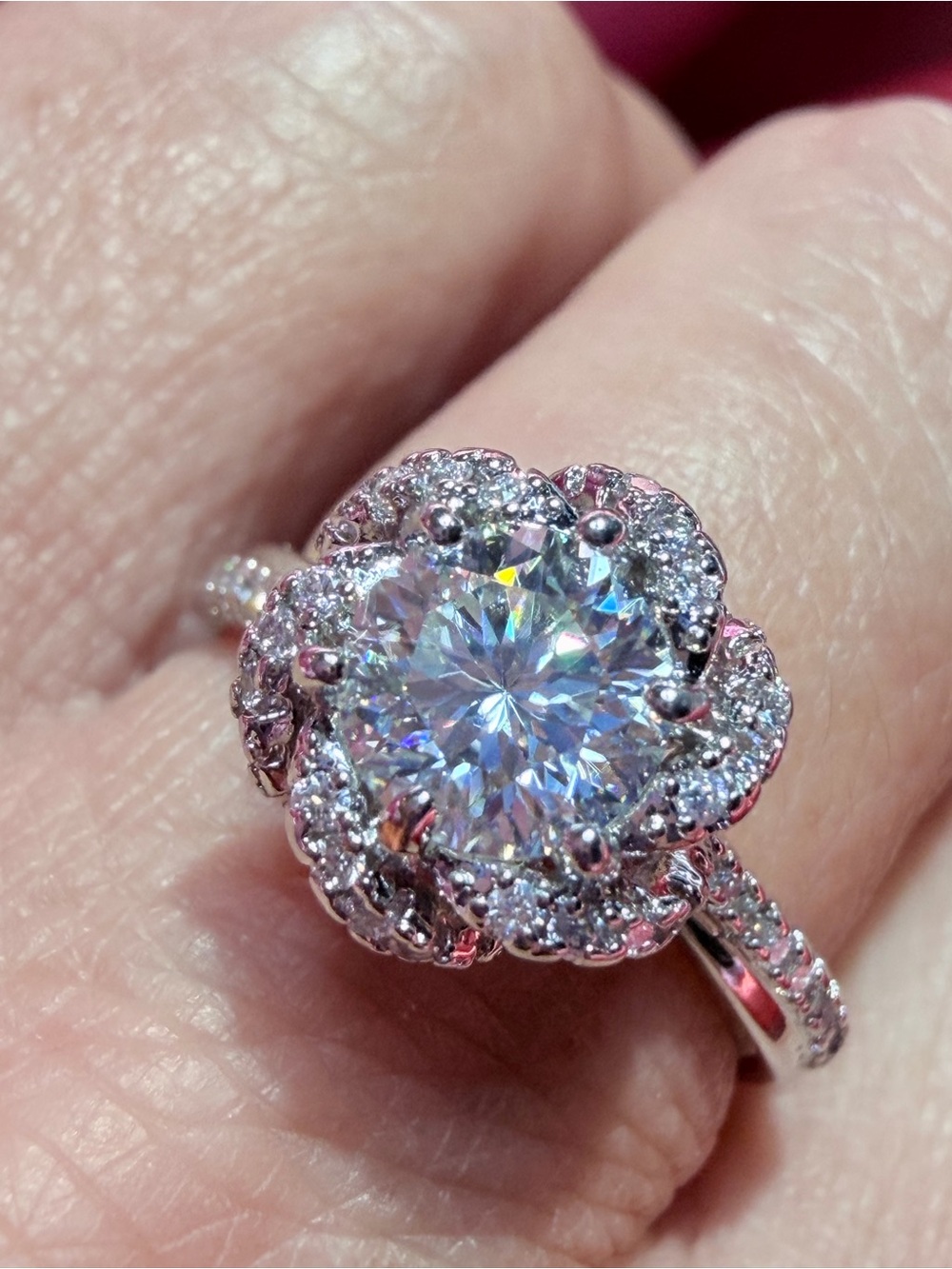 New 1 Carat Moissanite Ring with floral Halo accents and Pave' Band - Picture 12 of 13